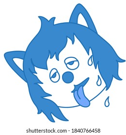 emoticon with a deadly wolf sticks out its tongue, sweat flows from his forehead, color vector emoji on a white isolated background