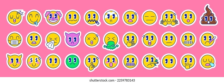 Emoticon design templates for design. Cartoon retro emoji set with outline. Vintage icons sticker label in psychedelic style. Flat vector illustration. Bright symbols funny cute comic characters