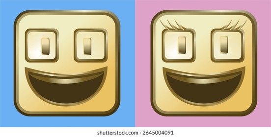 design emoticon usando campos geométricos, marrom-dourado, azul e rosa para diferenciar entre homens e mulheres