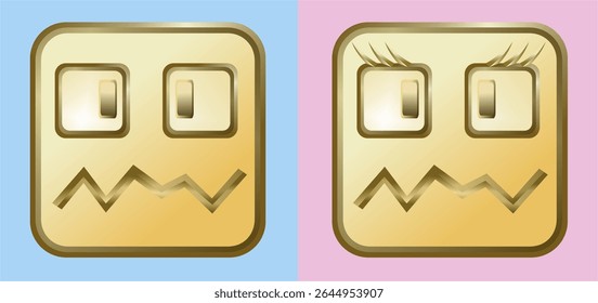 emoticon design using square and rectangular geometric fields, gold brown, blue and pink to differentiate between men and women