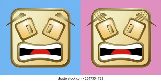 emoticon design using square and rectangular geometric fields, gold brown, blue and pink to differentiate between male and female