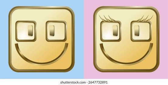 emoticon design using square and rectangular geometric fields, gold brown, blue and pink to differentiate between male and female