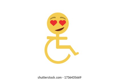 Emoticon disabled in wheelchair. Character in love. Heart eyes.