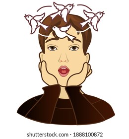 emoticon with a discouraged guy, with birds circling over his head, color simple clip-art, emoji on white isolated background