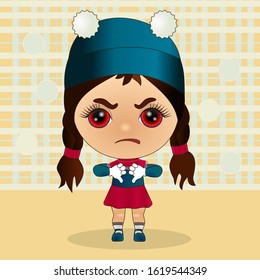emoticon with dissatisfied girl with frowned face that is giving a thumbs down with almost open palm and lowered big finger on right hand, unsatisfied little woman throws a dis or dislike, vector art
