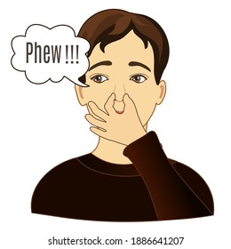 emoticon with dissatisfied man pinches his nose in disgust because something smells bad, hand drawn cartoon character