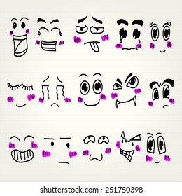 Emoticon doodles set. Vector hand drawn