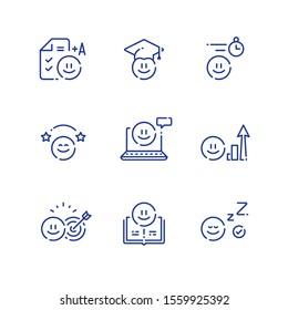 Emoticon and education concept, fun learning, study for exam or test, preschool preparation, fast course for beginner, online class, simple tutorial, vector outline icon set