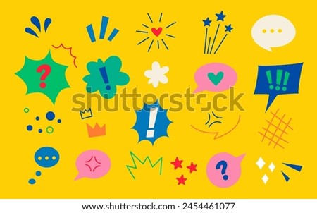 Emoticon effects design elements in bright colors. Funny colored.  Colorful hand drawn speech bubble set. Cartoon character emotion symbols. Cute doodles, anime icons. Vector illustration