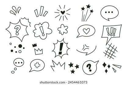 Emoticon effects design line elements.  Hand drawn speech bubble set. Cartoon character emotion symbols. Doodle anime icons. Express shape. Vector illustration