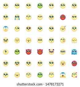 Emoticon elements collection, Comic Emoji smiley flat icons set, Colorful symbols pack contains- chat emoji, smiling face, kissing face, grimacing face, feeling Vector illustration. Flat style design