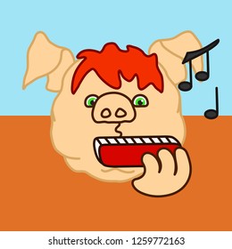 emoticon or emoji of amateur folk musician fat pig that is playing harmonica using his mouth & lips to blow wind into it, well-fed piggy drawing, pork personage with thin outlines