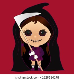 emoticon or emoji of angel of death in hood with a scythe, smiling grim reaper, with dark eyes and stitched laughing mouth, hand drawn emoticon, cartoon character