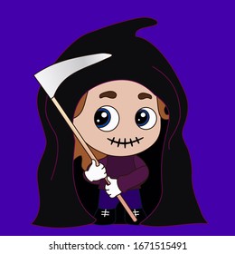 emoticon or emoji of angel of death in hood with a scithe, smiling grim reaper, with dark eyes and stitched laughing mouth, hand drawn emoticon, cartoon character