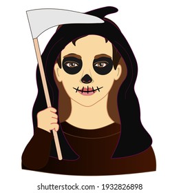 emoticon or emoji of angel of death in hood with a scythe, smiling grim reaper, with dark eyes and stitched laughing mouth, hand drawn cartoon character