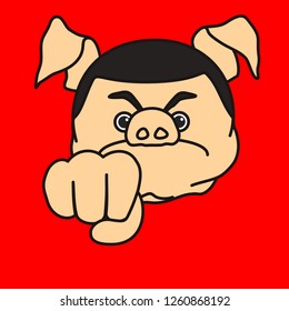 emoticon or emoji of angry aggressive fat pig man that shows his fist as a warning, mad person preparing to punch someone in the face, well-fed piggy drawing, pork personage with thin outlines