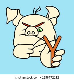 emoticon or emoji of angry kid fat pig hooligan that is shooting small stones & aiming with the slingshot with one eye closed, wicked & bad boy misbehaving, well-fed piggy drawing