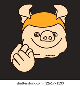 emoticon or emoji of applauding smiling fat pig guy that claps his hands in the theatre, well-fed piggy drawing, pork personage with thin outlines, funny porky cartoon character