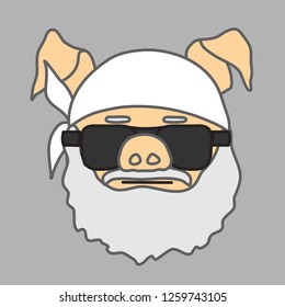 emoticon or emoji of biker fat pig man in bandana & dark glasses or sunglasses with heavy beard & mustache, well-fed piggy drawing, pork personage with thin outlines, funny porky cartoon character