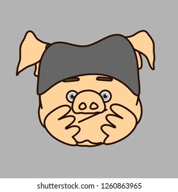 emoticon or emoji of bored fat pig character that is wearing a knitted hat propping up his head with palms & waiting for his turn in queue or just slacking & has nothing to do, well-fed piggy drawing