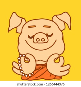 emoticon or emoji of buddhist fat pig that is wearing traditional orange robe, bald tibetan monk meditating while holding beads, well-fed piggy drawing, pork personage with thin outlines