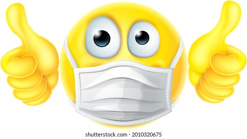 An emoticon emoji cartoon face icon wearing PPE medical mask and giving thumbs up