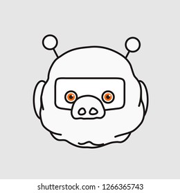 emoticon or emoji of chat bot or robot fat pig with glowing orange eyes, visor & antennas, well-fed piggy drawing, pork personage with thin outlines, funny porky cartoon character