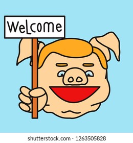 emoticon or emoji of cheerful smiling stump orator fat pig guy that is holding a banner with welcome text, well-fed piggy drawing, pork personage with thin outlines, funny porky cartoon character