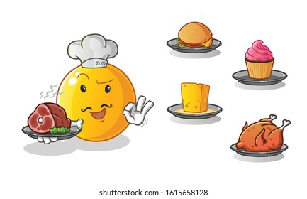 emoticon emoji chef with many types of food cartoon. including cheese, burgers, cupcakes, chicken and beef. cute chibi cartoon mascot vector