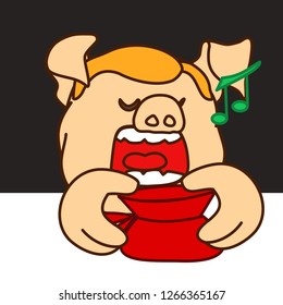 emoticon or emoji of christmas carol singer fat pig begging for reward while holding a bag for treats or candies or other gifts, well-fed piggy drawing, pork personage with thin outlines