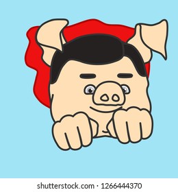 emoticon or emoji of classic super hero character fat pig flying with waving cape, curly superhero man fly in the air by pushing fists forward & using his superpower, well-fed piggy drawing