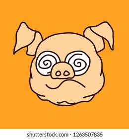 emoticon or emoji of confused fat pig face that is expressing confusion with spiral like eyes & curvy mouth, well-fed piggy drawing, pork personage with thin outlines, funny porky cartoon character