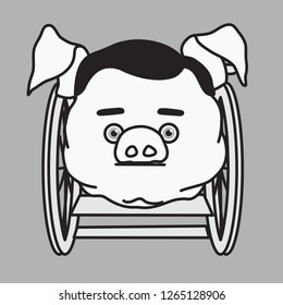 emoticon or emoji of disabled fat pig man that is sitting in a wheelchair, person with disability of legs in a wheel chair, well-fed piggy drawing, pork personage with thin outlines