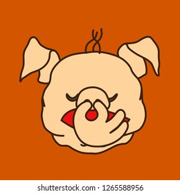 emoticon or emoji of dissatisfied blond fat pig man pinches his nose in disgust because something smells bad, well-fed piggy drawing, pork personage with thin outlines, funny porky cartoon character