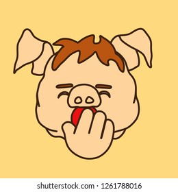 emoticon or emoji of dreamy or sleepy fat pig guy that is yawning with palm covering his mouth gesture, well-fed piggy drawing, pork personage with thin outlines, funny porky cartoon character