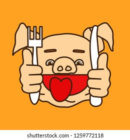 emoticon or emoji of drooling hungry fat pig guy that is ready to eat & sticking his tongue out with fork & knife in his hands, well-fed piggy drawing, pork personage with thin outlines