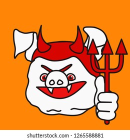 emoticon or emoji of evil devil fat pig w. horns & cuspids grinning & holding a trident or pikestuff in his hand, satan or red imp w. canine teeth showing a thumbs up gesture, well-fed piggy drawing