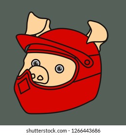 emoticon or emoji of extreme motorbike biker fat pig, quad bike rider or speed motorcycle racer with safety helmet or helm on his head, well-fed piggy drawing, pork personage with thin outlines