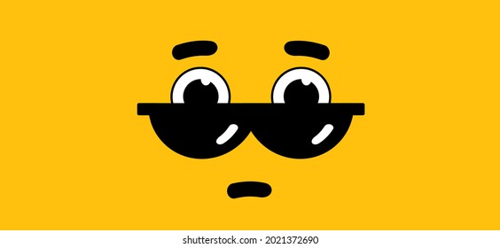 Emoticon, emoji face smiling and sunglasses. Cartoon vector cool sign for banner or card. Relaxing and chill, motivation and inspiratio. Comic sun glasses and astonish, astound, amaze expression.