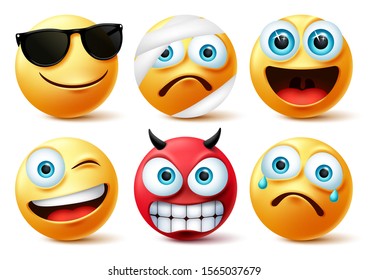 Emoticon or emoji face vector set.Emojis yellow face icon and emoticons in devil, injured, surprise, angry and funny facial expressions isolated in white background. Vector illustration.