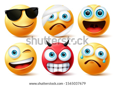 Emoticon or emoji face vector set.Emojis yellow face icon and emoticons in devil, injured, surprise, angry and funny facial expressions isolated in white background. Vector illustration.