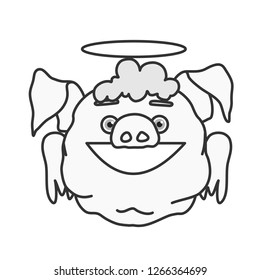 emoticon or emoji of fat or obese holy smiling angel fat pig or curly cupid with halo above its head & wings on its back & a wide smile, well-fed piggy drawing, pork personage with thin outlines