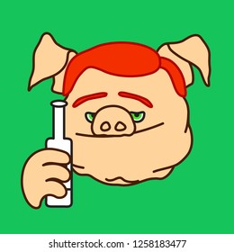 emoticon or emoji of fat pig alcoholic holding a bottle of vodka, alcohol addict at the bar w. liquor beverage isn't drunk enough & wants to continue, man drinking a strong drink