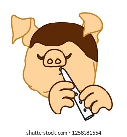 emoticon or emoji of fat pig boy flutist that is playing music with flute, fife plays wind instrument with closed eyes, musician practising, well-fed piggy drawing, pork personage with thin outlines