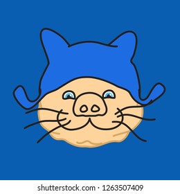 emoticon or emoji of fat pig cat face with mouth that looks like number 3, well-fed piggy drawing, pork personage with thin outlines, funny porky cartoon character, simple handdrawn illustration