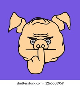 emoticon or emoji of fat pig character with frowned face keeping finger on mouth or lips to show a be silent gesture while hissing a Shh! sound to stop people talking & shut up to keep silence