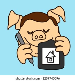 emoticon or emoji of fat pig digital artist that shows his drawing or illustration at graphics tablet or digitizer while holding a pen in his hand, pork personage with thin outlines