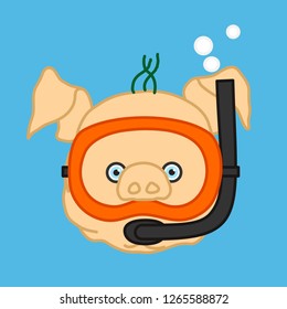 emoticon or emoji of fat pig frogman or pearler swimming under water with bubbles, pearl diver or fisher wearing an underwater mask or glasses & an air snorkel tube, well-fed piggy drawing