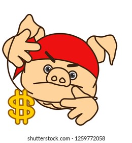 emoticon or emoji of fat pig gangsta rapper or hip hop singer in bandana that is showing gold or copper dollar sign necklace on a thread while doing a cool rap gesture with both hands