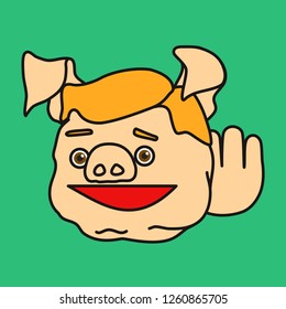emoticon or emoji of fat pig guy that is overhearing the conversation or listening to someone talking or just spying, well-fed piggy drawing, pork personage with thin outlines, eps 10 vector clip art